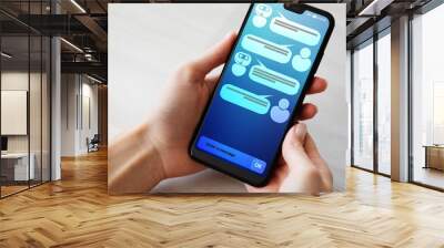 Customer and chatbot dialog on smartphone screen. AI. Artificial intelligence and service automation technology concept. Wall mural