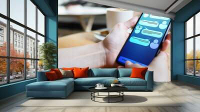 Customer and chatbot dialog on smartphone screen. AI. Artificial intelligence and service automation technology concept. Wall mural