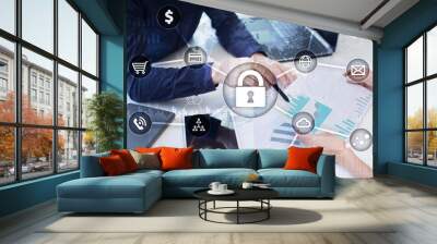 Cyber security, Data protection, information safety and encryption. internet technology and business concept.  Virtual screen with padlock icons. Wall mural