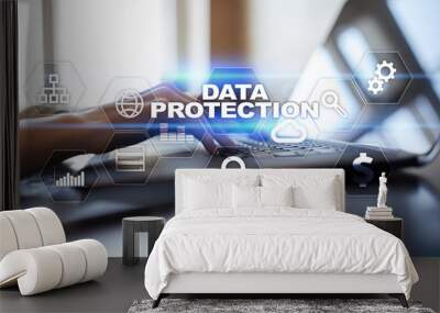 Data protection, Cyber security, information safety and encryption. internet technology and business concept.  Virtual screen with padlock icons. Wall mural