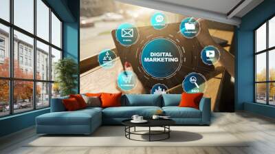 Digital marketing technology concept. Internet. Online. Search Engine Optimisation. SEO. SMM. Video Advertising. Wall mural