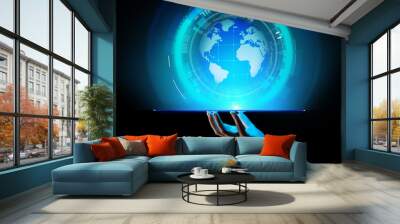 Earth hologram Planet Worldwide Business Internet Telecommunication and modern technology concept on virtual screen. Wall mural