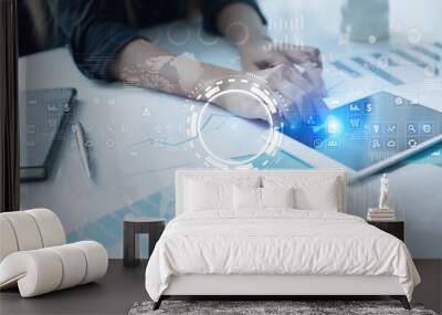 Internet, Business and technology concept. Icons, diagrams and graphs background on virtual screen. Wall mural