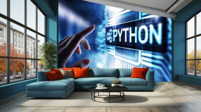 Python high-level programing language. Application and web development concept on virtual screen. Wall mural