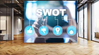 Swot analysis concept - a study by an organization to identify its internal strengths, weaknesses, as well as its external opportunities and threats. Wall mural