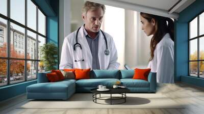 Doctor and patient discussing something while sitting at the table. Medicine and health care concept. Doctor and patient. Ai render. Wall mural