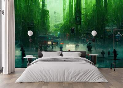 Green matrix city. AI render. Wall mural