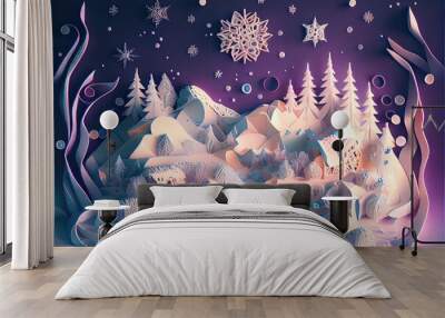 Quilling paper cut winter backdrop. AI generated Wall mural