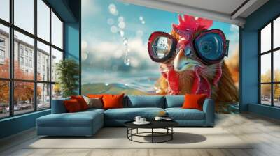 A hen with diving goggles dives in the water. Surreal fun concept of nature, animals and summer, summer swimwear Wall mural