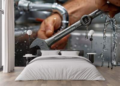 A male plumber's hand repairing a leaking sink pipe with an adjustable wrench  Wall mural