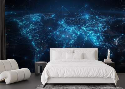 Blue abstract digital map of world map with lines and dots conected Wall mural