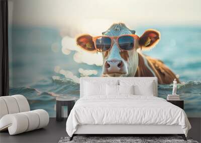 Cute funny cow wearing sunglasses and floating in a ocean. Happy pet swim in ocean or sea, play in the water Wall mural