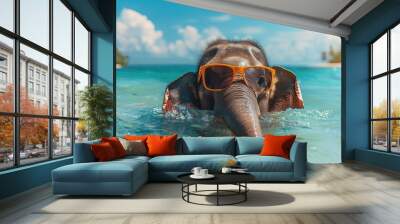 Cute funny elephant wearing sunglasses and floating in a ocean. Happy pet swim in ocean or sea, play in the water Wall mural