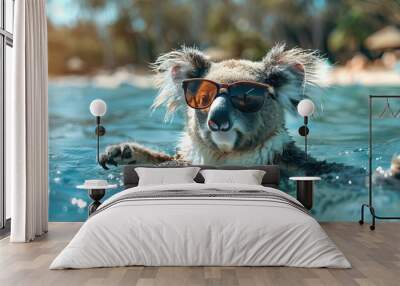 Cute funny koala wearing sunglasses and floating in a ocean. Happy pet swim in ocean or sea, play in the water Wall mural