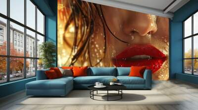 Dripping wet woman's red lips  Wall mural