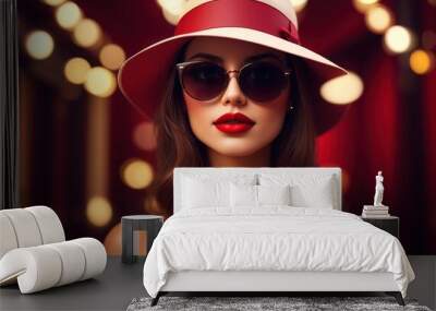 Elegant western lady in wide brimmed hat with red lips and sunglasses Wall mural