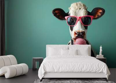 Funny animal pet summer holiday vacation photography banner - Closeup of cow with sunglasses, eating ice cream in cone Wall mural