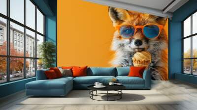 Funny animal pet summer holiday vacation photography banner - Closeup of fox with sunglasses, eating ice cream in cone Wall mural