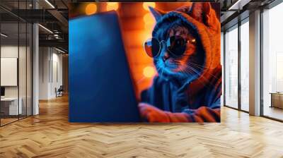 Funny cat in sunglasses working on the laptop in the night. Hacker in hoodie dark theme Wall mural