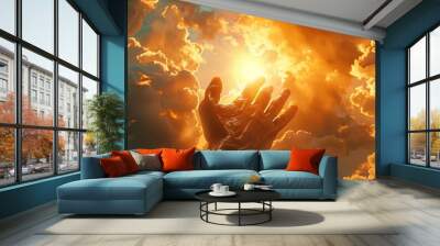 hand reaching out to faith, the sky with the sun behind Wall mural