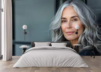 Middle age woman, grey hair, beauty photography, portrait, banner with copy space Wall mural