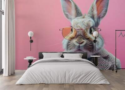 Modern bunny in fashionable trendy outfit with hipster glasses and business suit. Creative animal concept banner. Pastel background banner with copyspace Wall mural