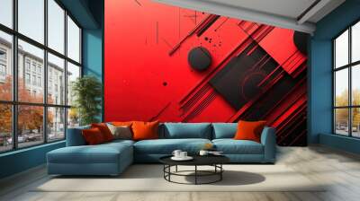 Red background with geometric shapes, gradients, and curved line  Wall mural