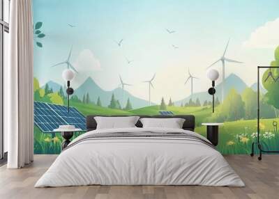 renewable energy wind turbines and solar panel banner background  Wall mural