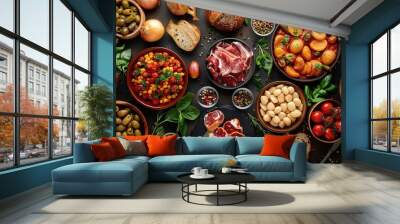 Top view of various foods as culinary concept background Wall mural