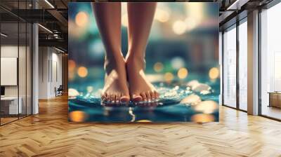 Woman feet on a water, foot close up Wall mural