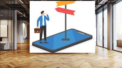 Men is business suit stands on the smartphone screen in front of the path indicator, GPS navigate through the Internet

 Wall mural