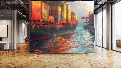  large cargo ship being loaded with multi-colored containers at a bustling port, emphasizing global logistics Wall mural