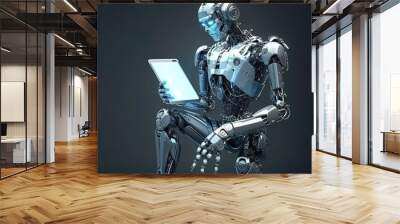 AI Learning and Artificial Intelligence. Futuristic robot working with laptop for coding or developing business and technology internet, generative ai Wall mural