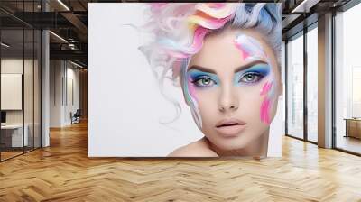 Attractive young woman wearing artistic makeup a white background with generative ai Wall mural