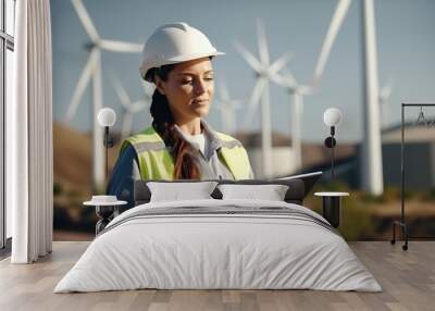 Beautiful caucasian woman in white helmet working with digital tablet at renewable energy farm. Female inspector controlling functioning of wind turbines outdoors with generative ai  Wall mural