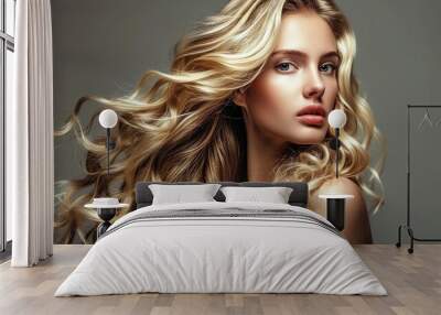 Beauty blonde girl with long and shiny wavy hair. Beautiful woman model with curly hairstyle  Fashion Wall mural