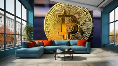 Bitcoin btc cryptocurrency coins on table and digital asset in cryptocurrency world Wall mural