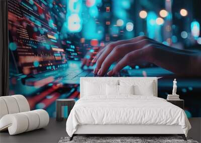 Business, hands or laptop infographic abstract in night office for data analysis Wall mural