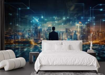 business technology, At night, a professional businessman walks on a future network city background with a futuristic interface graphic, with generative ai Wall mural