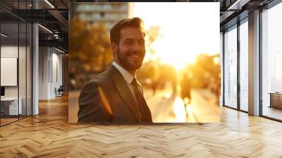 businessman, success smile portrait and outdoor city  Wall mural