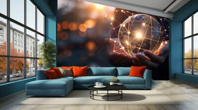 Businessman hold global business globe with network connected to digital marketing strategy and creative solution. Business development technology to support creativity idea Wall mural