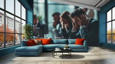 businessman with a headache and at a business meeting with colleagues in a boardroom office Wall mural