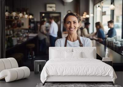 businesswoman sits at a bar table with a laptop, smiling as if taking a break from work Wall mural