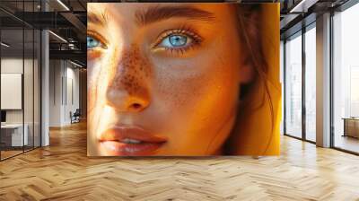 close-up of smooth, glowing beauty face skin with a bright yellow background Wall mural