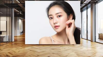 Close up perfect beauty face of young beautiful Asian woman massages her face gently with fingertips. Face cream commercial advertising concept with generative ai Wall mural