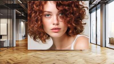 Close-up portrait of a smiling brunette model with long, curly red hair and glamorous makeup Wall mural