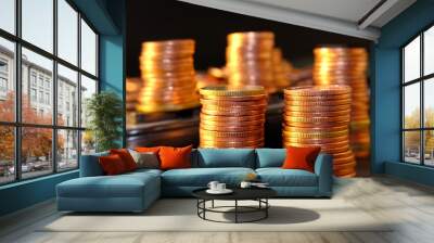 coins stacked background and advertising coins of finance and banking, increasing columns of gold coins on table Wall mural