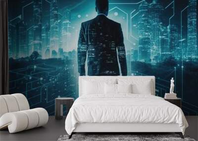 Concept of business technology, At night, a professional businessman walks on a future network city background with a futuristic interface graphic, generative ai Wall mural