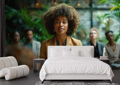 Confident Leader, Engaged Audience: A black woman with natural hair commands attention, leading a diverse team meeting in a modern, plant-filled office.  Wall mural