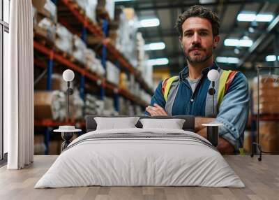 confident worker standing arms crossed in distribution warehouse Wall mural